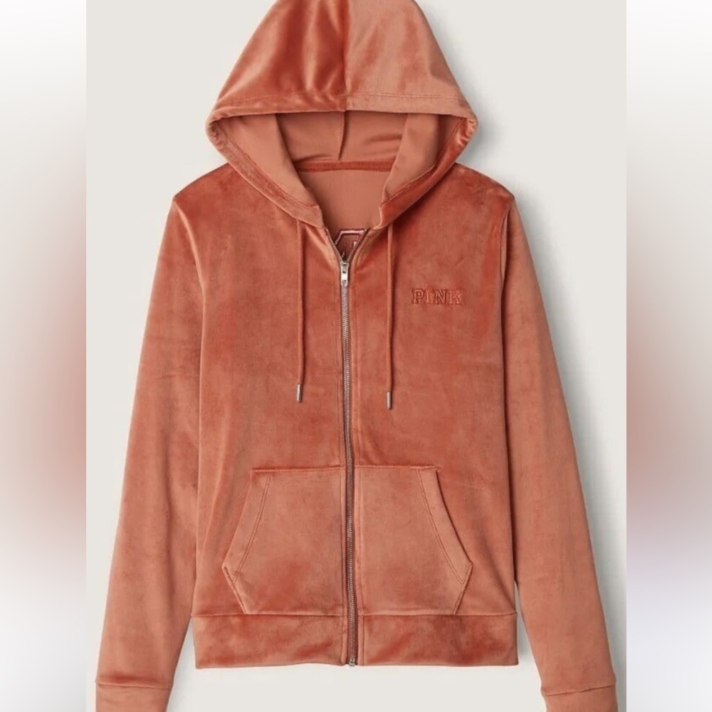 Victoria's Secret Pink velour orange brown perfect zip up graphic hoodie sz M